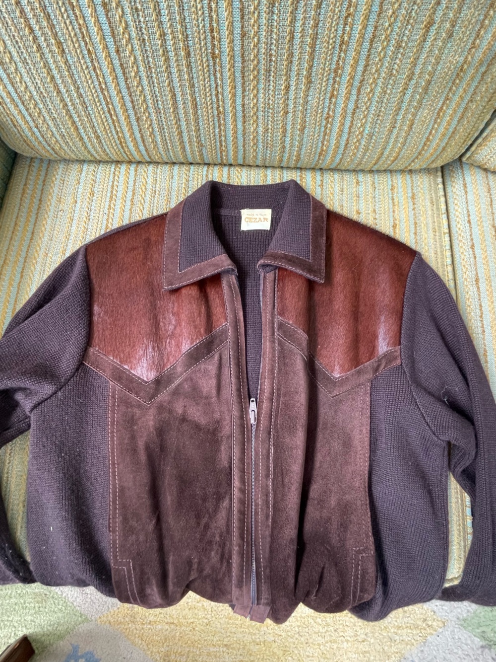 Brown Cowhide and Wool Knit Zip-Up Italian Vintage Sweater Jacket